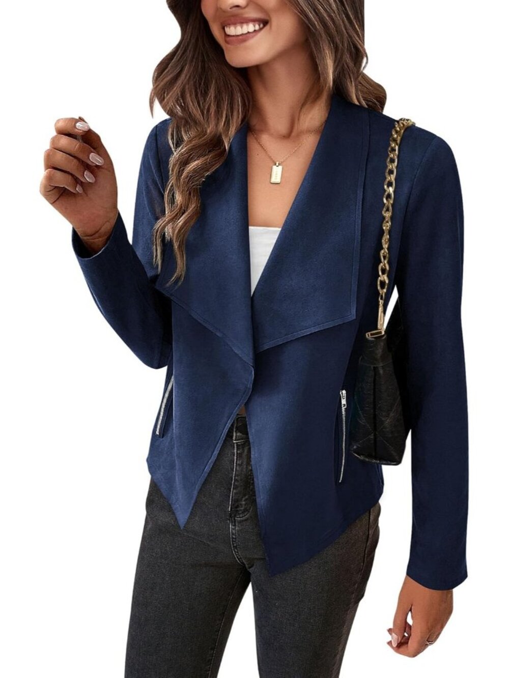 Women's Navy Faux Suede Open Front Waterfall Collar Long Sleeve Draped Jacket